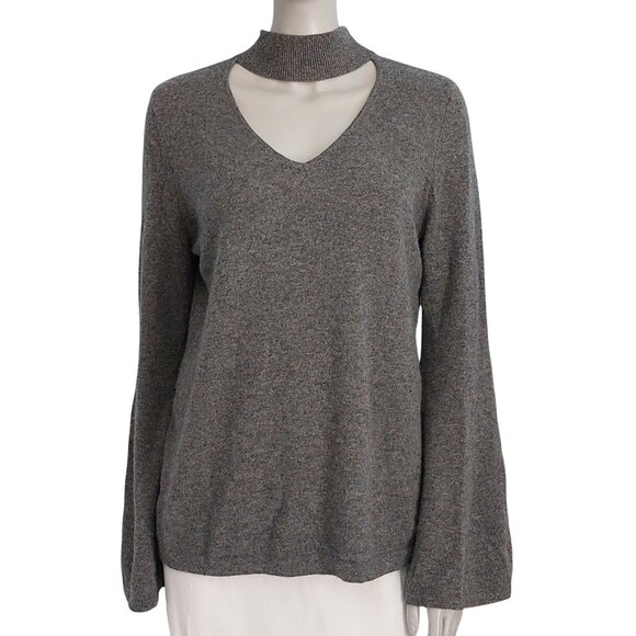 Aqua 100% Cashmere Sweater Gray Cutout Choker Womens Top Medium Bell Sleeves EUC - Picture 1 of 14